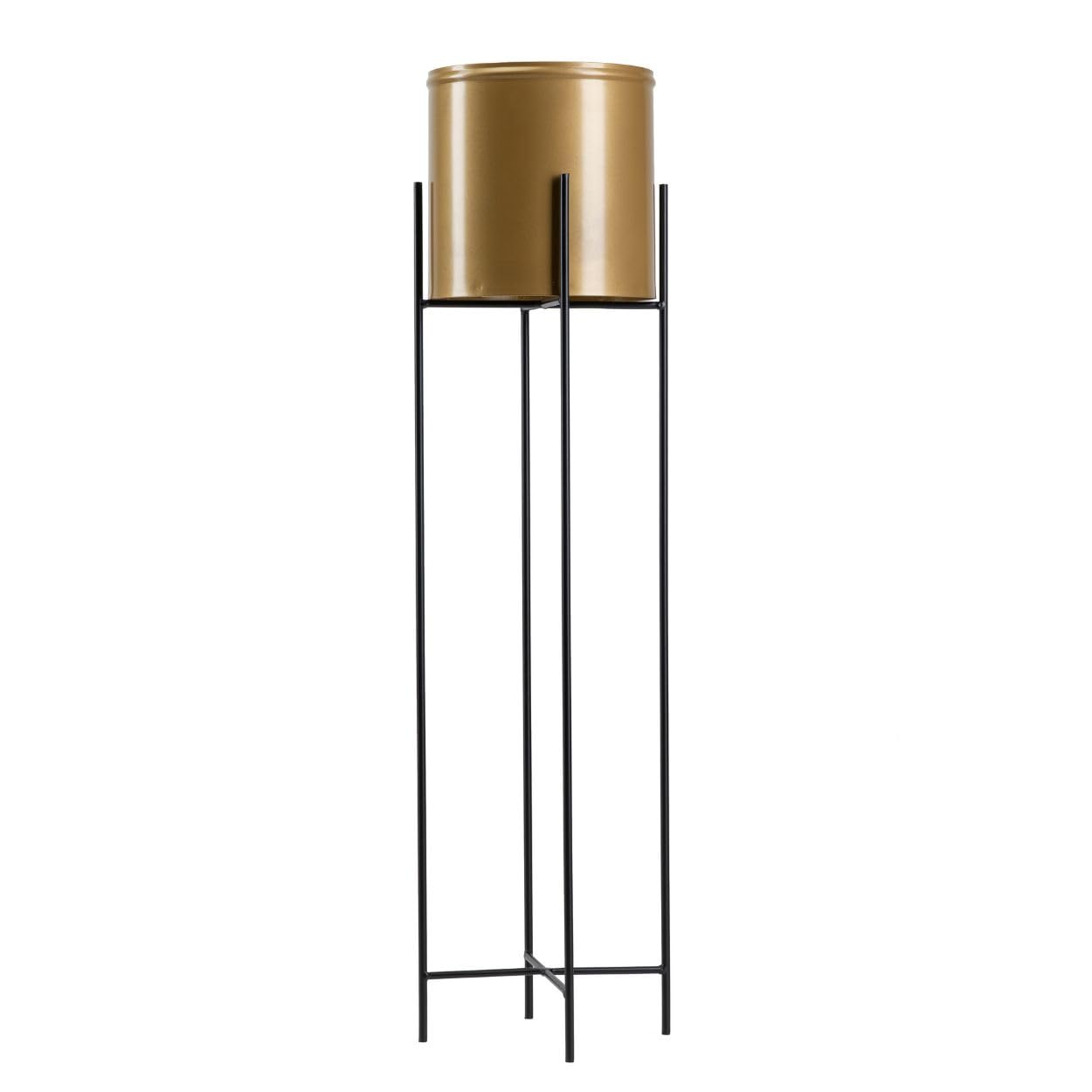 Moderno supporto per fiori in metallo, altezza 95 cm, con vaso d'oro, rotondo 21 cm, diametro su robusto supporto nero – Supporto per piante in stile loft per la decorazione di interni