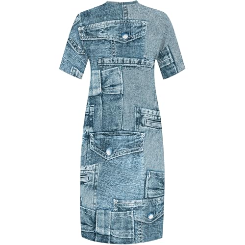 Image of SUZONANA Plus Size Denim Print Shirt Maxi Dresses for Curvy Women Casual Blue Jean Summer Outfits Long Short Sleeve Dress with Pockets Patchwork 6XL
