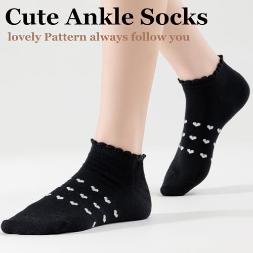 VIBCICY Ruffle Ankle Socks, Cool Knit Cotton for Summer Love pattern,Breathable Cute Frilly Casual Socks 5 Packs3