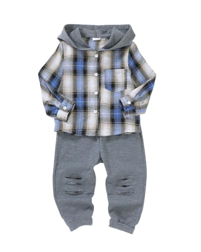 Image of Renotemy Toddler Baby Boy Clothes Winter Hoodie Flannel Boys Outfits 12M-4T | Toddler Boys Outfits,Fall Winter Long Sleeve Hoodie Sweatshirt Clothes Set,Infant Boys Flannel Plaid Top Ripped Pants Set