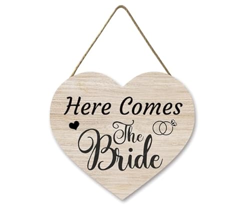 Horienteeon Here Comes The Bride, cartello in legno a forma di cuore, decorazione rustica per matrimoni, cartello per damigella di fiori, anello portatore di cerimonie di fidanzamento e sposa, 30 x 27