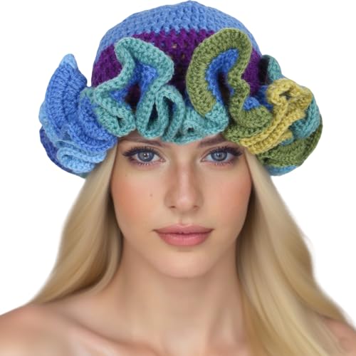 Image of Women Crochet Bucket Hat Cute Winter Ruffled Brim Floppy Cap Handmade Knit Cloche Hats