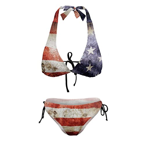 Image of Womens American Flag Bikini Swimsuit Sexy String Halter 2 Piece Triangle Bathing Suits