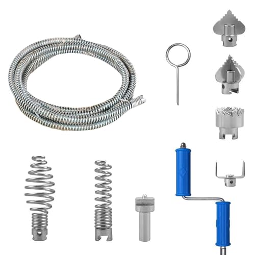 Furet Deboucheur Canalisation 5m, ø12mm, Deboucheur Canalisation Professionnel avec Adaptateurs Manuels, Spirale de Nettoyage de Canalisations pour Toilettes Salle de Bain Canalisation, Argent