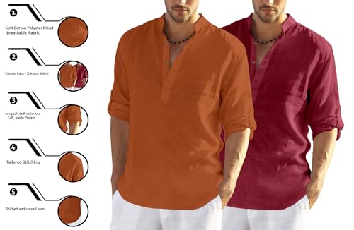 Image of Zombom Men's Combo Cotton Polyester Blend Solid Full Sleeve Straight Regular Fit Mandarin /Chinese Collor Kurta (Pack of 2)