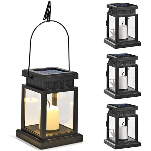 GIGALUMI Solar Lanterns Outdoor Waterproof, 4 Pack Hanging Solar Lanterns for Outside, Candle Effect Outdoor Lights for Pathway, Garden, Patio, Lawn, Porch, Gazebo, Tent, Tree, Yard(Constant Lights)