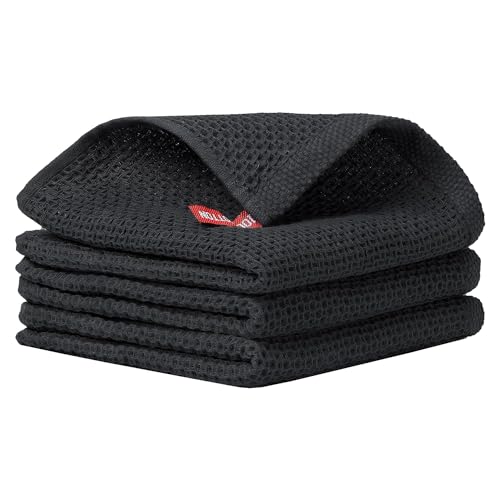 Image of Cotton Kitchen Dish Cloths, 3 Pack Super Absorbent and Lint Free Waffle Weave Dish Towels, Fast Drying Dish Rags for Washing Dishes, 13.4 X 13.4 Inch, (Black, Pack of 3)