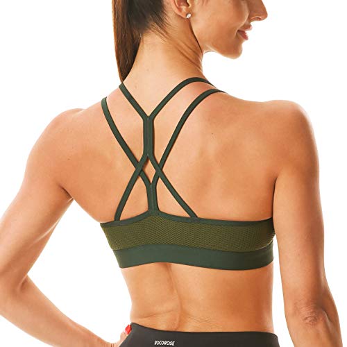 Rocorose Damen Strappy Sport BH Mesh Soft Sexy Crisscross Back Light Support Wirefree Yoga BH mit abnehmbaren Cups - Grün - Medium Cover