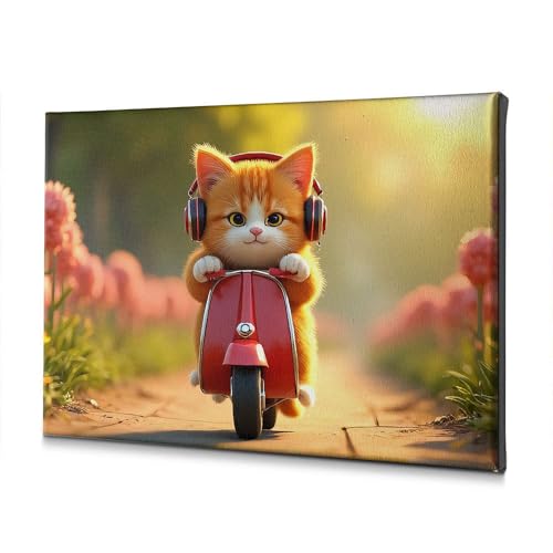 Impression sur toile premium de haute qualité : motif chaton et scooter en fleurs 40x60 cm