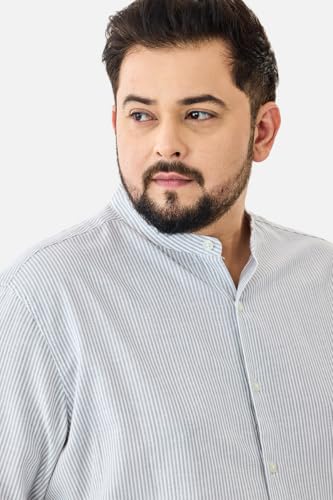 Image of SNITCH Men Casual Plus Size Shirt | Regular Fit Full Sleeve Mandarin Collar Striped Design | Premium Cotton Linen Blend & Breathable Fabric for Office & Everyday Wear