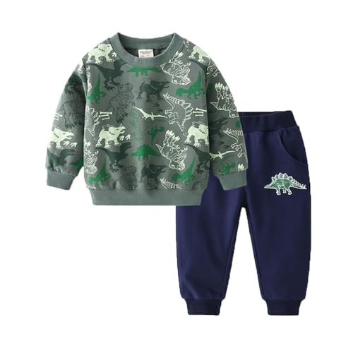 UUAISSO Conjunto de roupa para bebé criança com estampado dinossauro, camisola de manga comprida e calças outono e inverno, Dinossauro verde militar, 5-6 anos