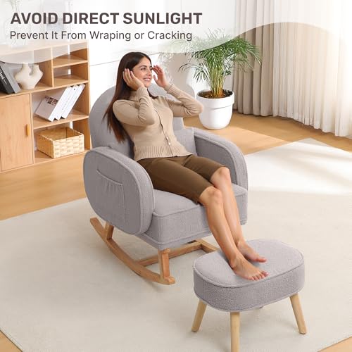 Image of HCHAIRH Nursery Rocking Chair with Ottoman, Upholstered Glider Rocker with High Backrest and Side Pocket, Rocking Accent Armchair with Solid Wood Legs for Nursery, Living Room, Bedroom Light Grey