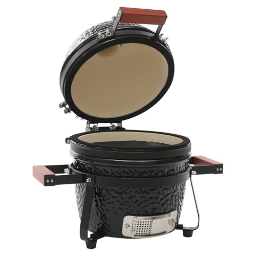 Parrilla de cerámica Kamado, 32 cm, barbacoa de carbón vegetal con termómetro y asas de madera, parrilla de cerámica redonda, barbacoa de carbón vegetal para camping, barbacoa, pícnic