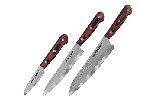 Samura KAIJU Profi Messer Geschenk-Set, Allzweckmesser, Kochmesser, Gemüsemesser ultra-scharf, groß, aus japanisch AUS 8 Stahl, gehämmert, Pakkaholz Handgriff