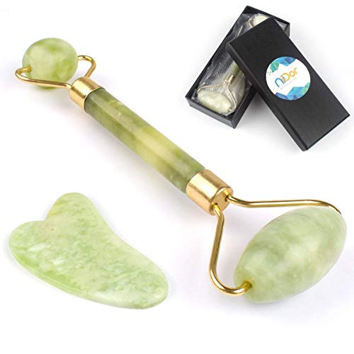 Jade Roller, Niidor 100% Natural Jade Facial Rolling Stone and Gua Sha Scraping Tool Set Face Eye Neck Massager Anti Aging Therapy for Women Aging Skin Wrinkles Puffiness
