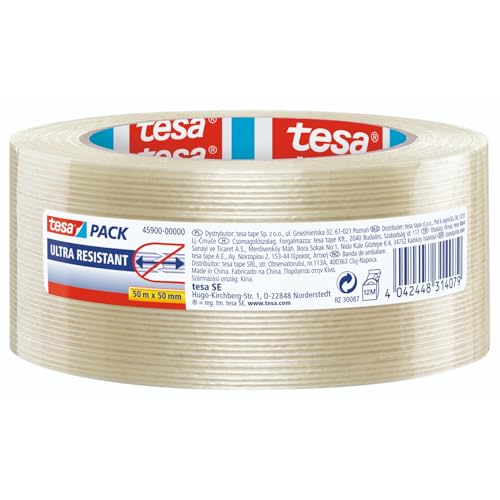 tesapack Ultra Resistant Filamentband - Ultra starkes Premium-Klebeband, glasfaserverstärkt - für schwere Kartons bis zu 30 kg und zur Transportsicherung - 50 m x 50 mm - Transparent
