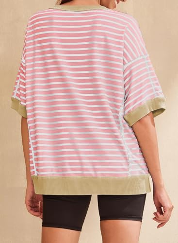 SHEWIN Womens Tops Casual Short Sleeve Sweatshirt Crewneck Striped Shirt Pullover T Shirts Loose Blouses