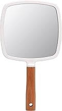 Wooden Hand Mirror: Vintage, Portable Bathroom Mirror, Ideal for Makeup Kit, Compact Mirror for Vanity, Hand Held Beauty Salon Mirror for Dressing (White - Square)