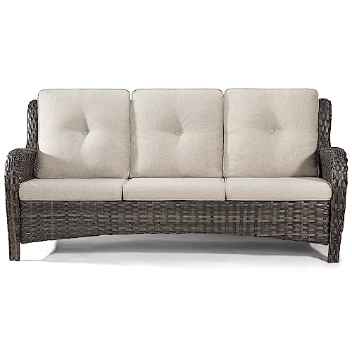 Joyside Outdoor Patio Couch Wicker Sofa - 3 Seater Rattan Sofa for Outside Patio Garden with Deep Seating and Olefin Cushions(Mixed Grey/Beige)