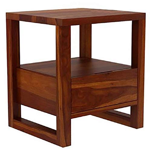 Image of Solid Sheesham Wood Bedside Table for Bedroom | Wooden Bed Side Nightstand Lamp Table with Drawer & Open Shelf Storage for Home & Hotels | Rosewood, Natural Finish
