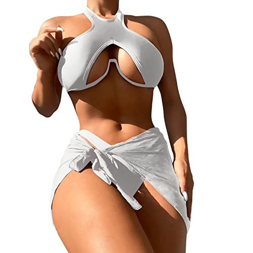Tankini imprimé plantes 3 pièces avec jupe de plage et sandales compensées blanches