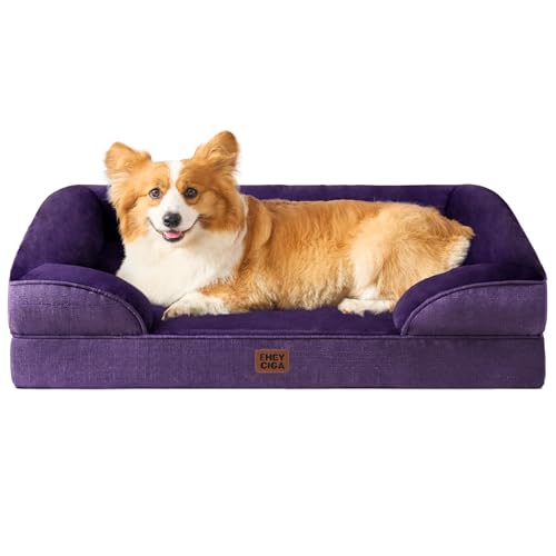 Image of EHEYCIGA Orthopedic Dog Bed for Large Dogs, Waterproof Memory Foam With Sides, Non-Slip Bottom, Egg-Crate Foam Couch, Washable Removable Cover, Purple
