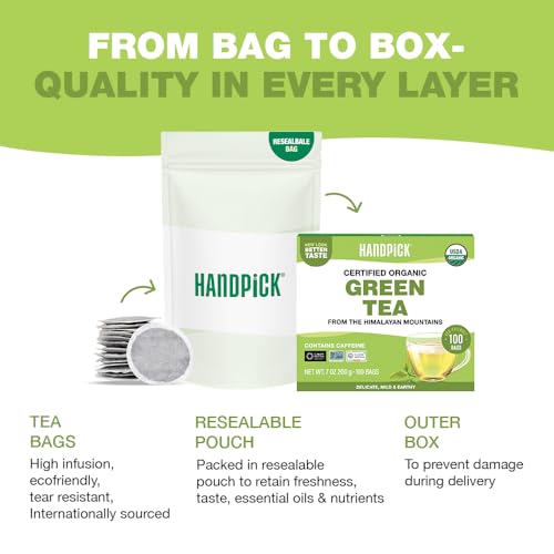 Image of HANDPICK, Organic Green Tea Bags - 100 Eco-Friendly Tea Bags | USDA Organic | Resealable Pack for Freshness | Delicate & Flavory | Direct From India (Pack of 2)