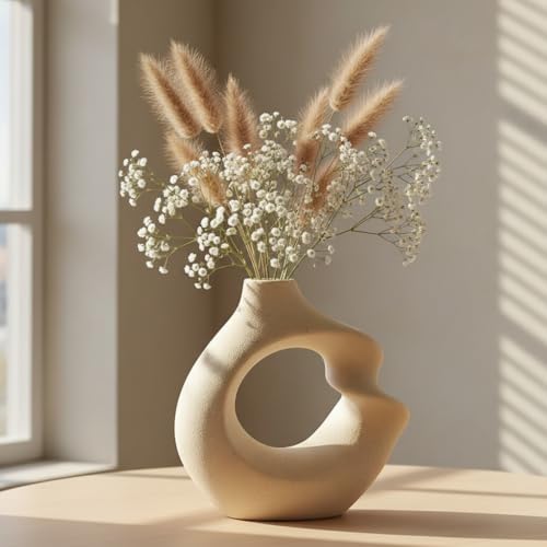 Image of PUREZENTO Unique Twister White Ceramic Donut Vase 5.7 Inches - Pack of 1 | Decorative Donut Vase for Dried Flowers & Pampas Grass | Vases for Modern Home Decor, Living Room, Office Decor Ideas