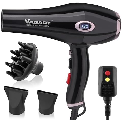 VAGARY Professional Salon 2200W Blower Dryer with Diffuser Concentrator Nozzles,Negative Ionic Blow Dryer,Low Noise Hair Dryers,2 Speeds and 2 Heat Settings 1 Cool Shot Button Cover