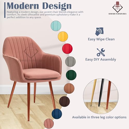 Image of Plush Dining Chair | Accent Chair for Living Room Bedroom Restuarant | Velvet Fabric & Thick Cushion Seat with Sturdy Glossy Metal Legs (Bronze Legs, Pink)