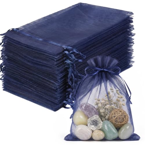 Image of FUNFERY 100PCS Navy Blue Sheer Organza Bags for Candy 3 inchx4 inch | Little Mesh Gift Bags with Drawstring, Small Jewelry Bags Party Favors, Mini Drawstring Pouch for Wedding Favors, Holidays