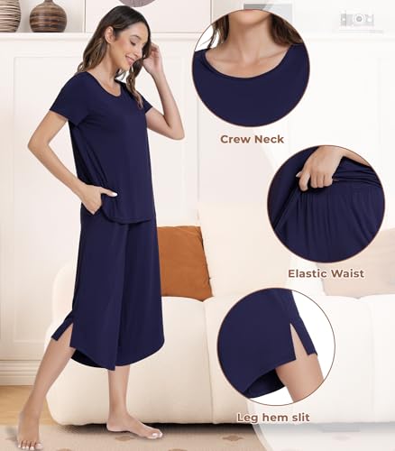 Image of NACHILA Pajamas Set for Women-Viscose Made from Bamboo,Short Sleeve Sleepwear Soft Pjs with Capri Pants Cool Loungewear Sets Navy Blue M