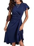 HUXRAKV Cocktailkleider Damen Elegant Einfarbiges A Linie Kleid mit Taillenfalten Festlich Hochzeit Kurz Abendkleid Sommer, 52 Marineblau, M
