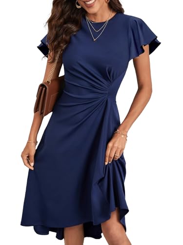 HUXRAKV Cocktailkleider Damen Elegant Einfarbiges A-Linie Kleid mit Taillenfalten Festlich Hochzeit Kurz Abendkleid Sommer, 52-Marineblau, M