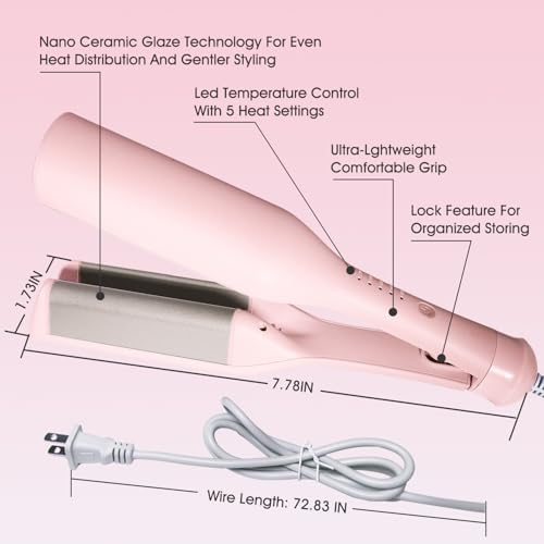 Image of Beach Wave Curling Iron Deep Waver Hair Tool, Mermaid Hair Waver for Women Crimper, Anti-Scald, Dual Voltage, 1.4 Inch Ceramic Double Barrel Wavy Curling Iron, Pink