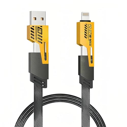 Image of 4-in-1 Fast Charging Cable 65W, Multi USB Cable with Type C, Lightning & USB A Ports, Thunderbolt Support, Universal Charger for iPhone, Android, Tablets & Laptops (Yellow)