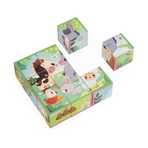 Janod - Puzzle Cubes Enfant et Bébé en Carton - Thème Ferme - 9 Cubes et 6 Puzzles Possibles - Jouet d'Eveil et Premier Age - Apprentissage Motricité Fine...