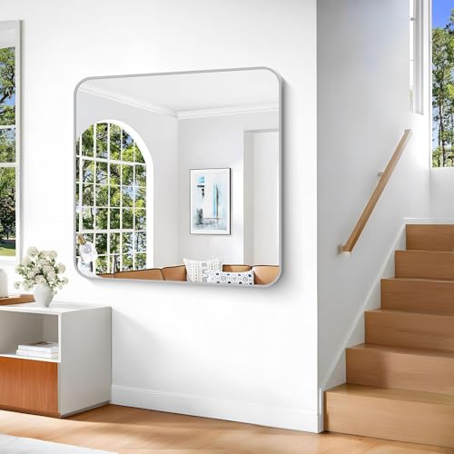 Image of Silver Bathroom Mirror, 42 x 42 Inch Silver Square Mirror, Metal Framed Rectangular Vanity Mirror, Rounded Corner Wall Mounted Mirror for Living Room Bedroom Entryway Hangs Horizontal /Vertical