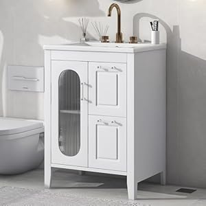 Harper & Bright Designs 24″ Bathroom Vanity with Sink, Free Standing Single Basin Vanity Set with Two Drawers and Glass Door, Modern Wooden Bathroom Cabinet with Ceramic Basin for Bathroom, White