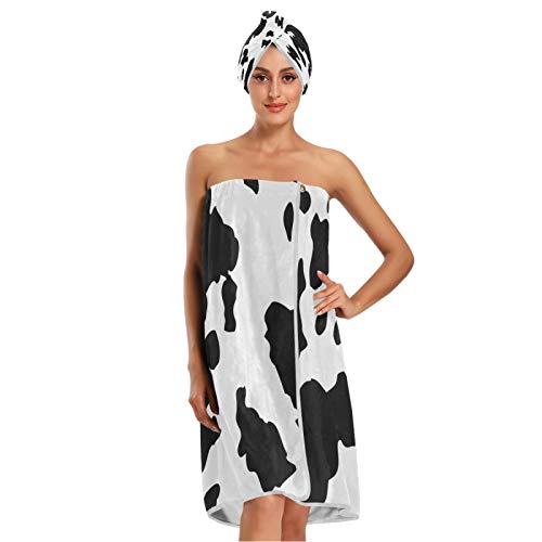 Blueangle Black White Cow Towel Wrap With Dry Hair Cap & Headband For Women – Women’s Shower & Bath Wrap With Adjustable Closure #TOP26