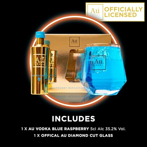Au Vodka Gift Set - Blue Raspberry Flavoured Vodka 5cl Miniature & Diamond Cut Gold Glass - Official Licensed - Valentines, Birthday Gifts for Men and Women - Handcrafted In The UK, Alcohol Gift Set