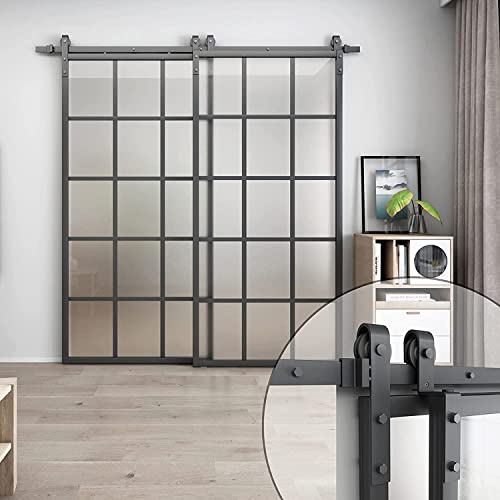 Barnsmith Bypass Double Glass Barn Door 84 X 84 In With 7.5Ft Side-Mounted Hardware Kit, 2 Sets Of 42X84 Frosted Glass Aluminum Frame Barn Door,Assemble Required (2 * 42Inx 84In) #TOP4
