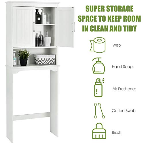 Giantex Over The Toilet Bathroom Space Saver Free Standing Toilet Rack With Adjustable Inner Shelf, Open Shelf And Double Doors 3-Shelf Bathroom Organizer, White #TOP3