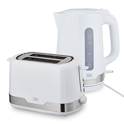 KHG 2-teiliges Set | Toaster 2 Scheiben mit Brötchenaufsatz, 7 Bräunungsstufen 850W | Wasserkocher 1,7 Liter mit Abschaltautomatik 2200W | Frühstücksset Weiß, BPA Frei, Klassisch