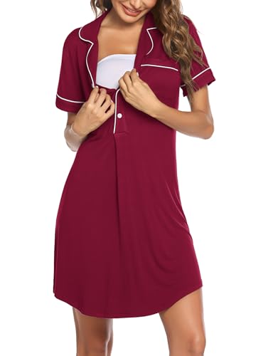 Image of Ekouaer Women's Nightgown Button Down Nightshirt V Neck Sleepshirt Short Sleeve Sleepwear Soft Pajama Dress