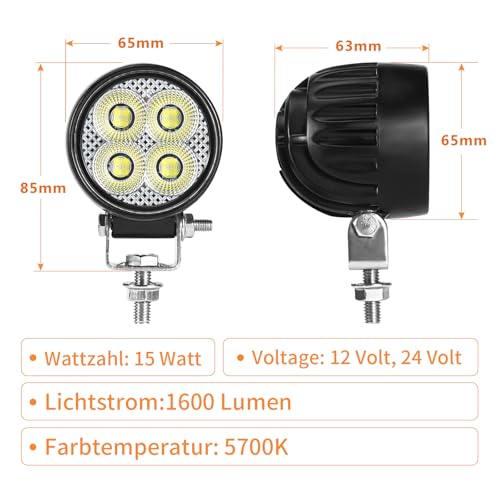LED Arbeitsscheinwerfer 12v 24v,1600 Lumen Nahfeldausleuchtung, LED Scheinwerfer 12 volt Traktor ATV LKW, Zusatzscheinwerfer Auto,15W 2er Packung