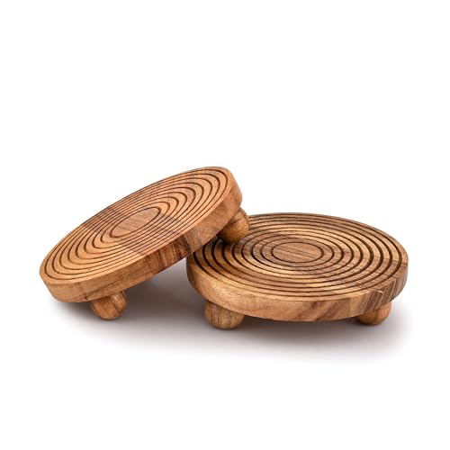EDHAS Acacia Wood Round Pedestal Risers Set of 2