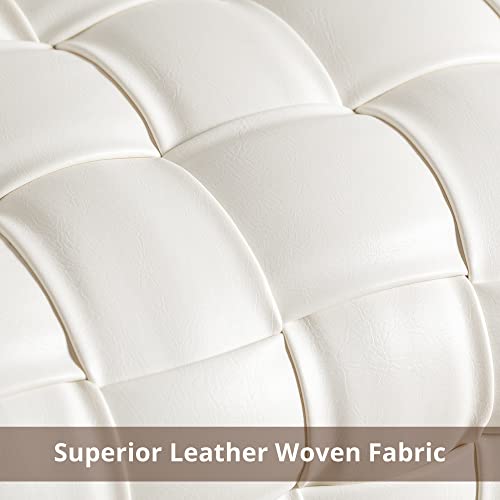 Faux Leather Vanity Stool, Upholstered Make Up Bench, Rectangle Ottoman Foot Stool, Vanity Chair Tufted Footrest Stool Makeup Stool With Gold Metal Legs For Living Room, Bedroom, Dressing Room, White #TOP4