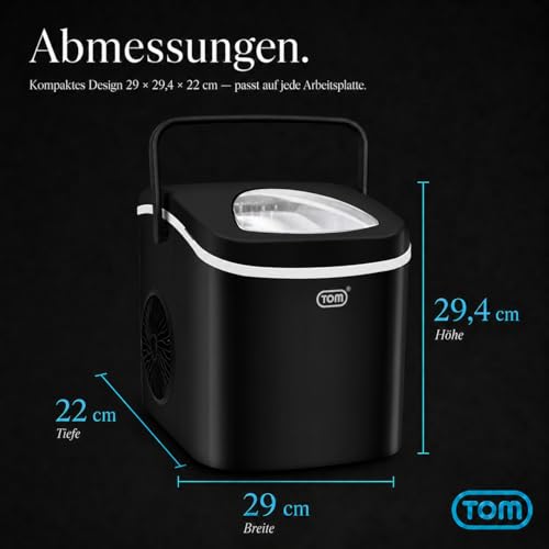 Foto von TOM Eiswürfelmaschine – 9 Eiswürfel in 6-8 min – 12 kg/24 h – 2 Würfelgrößen – Ice maker Eiswürfelmacher mit 1,3 l Wassertank – LED-Display – Inkl. Zubehör & Eiszange als Geschenk – Eiswürfelmaschine