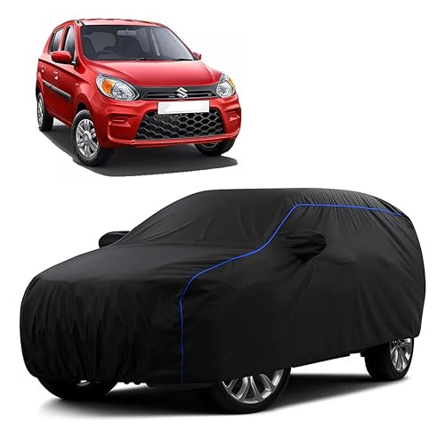 Image of Sulfar 100% Water Resistant Car Body Cover Compatible with Mirror for Maruti Suzuki Alto 800 (Triple Stitched, Full Bottom Elastic, Black Tafetta with Blue Piping)